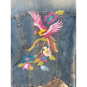 VTG Allen B Schwartz Boho Pink Blue Exotic Bird Flowers Button Up Jeans Jkt SZ M